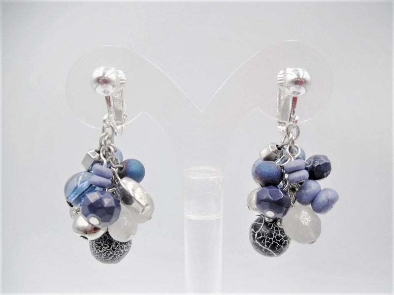 Clip on 2" silver and blue multi textured bead cluster earrings