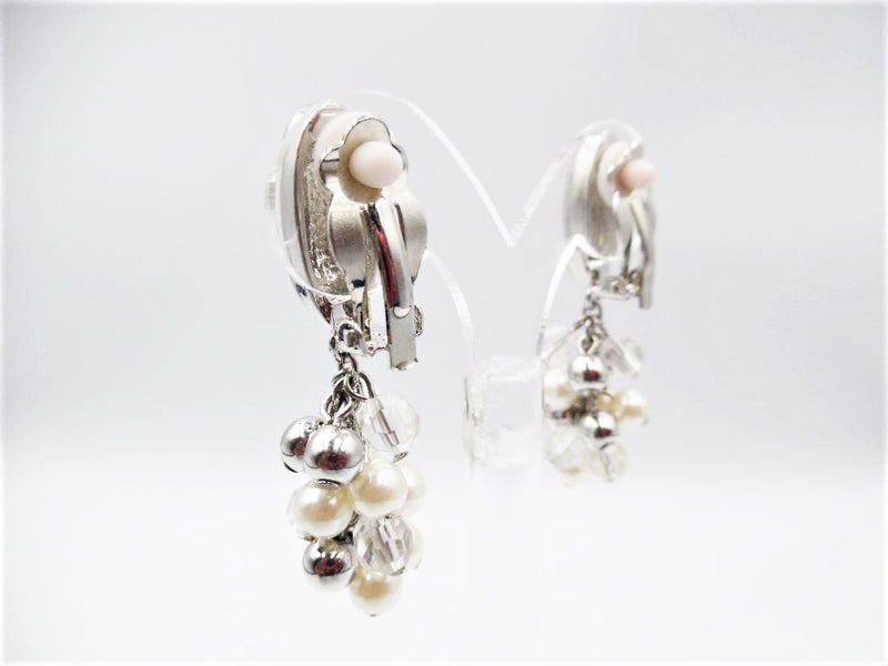 Clip on 2" silver, white pearl and bead cluster dangle earrings