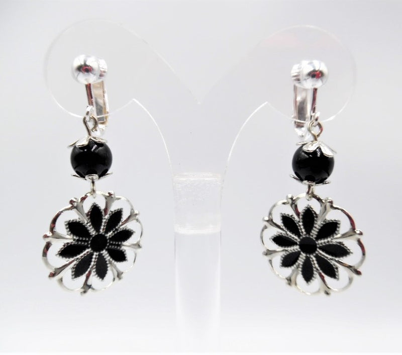 Clip on 2" silver and black bead dangle earrings