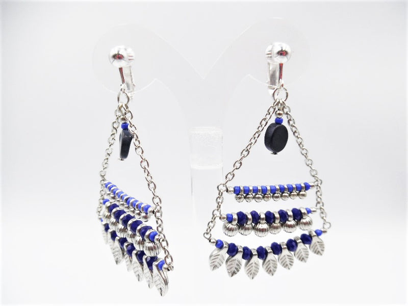 Clip on 2 3/4" silver chain blue bead earrings with dangle silver small leaves