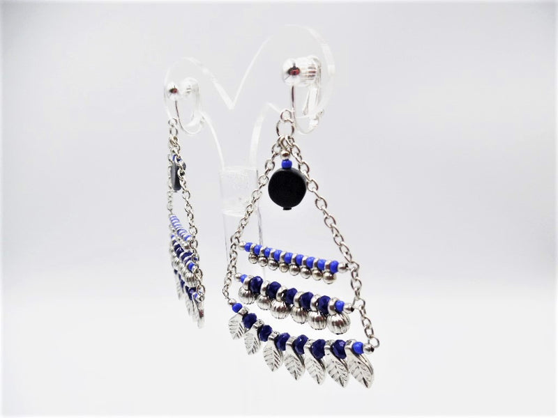 Clip on 2 3/4" silver chain blue bead earrings with dangle silver small leaves