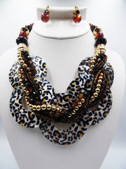 Clip on gold brown multi colored animal print shell necklace & earring set