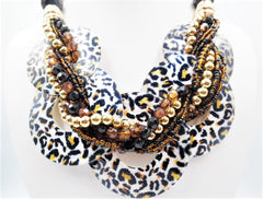 Clip on gold brown multi colored animal print shell necklace & earring set