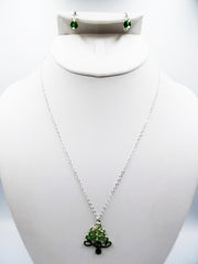 Clip on silver chain green Christmas Tree bead necklace & earring set
