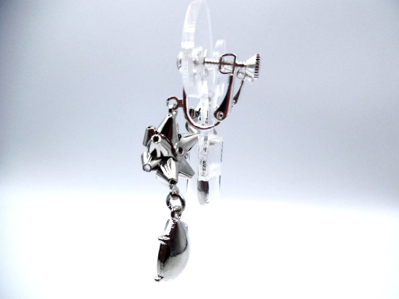 Clip on 2" silver Christmas bow earring with dangle clear stone