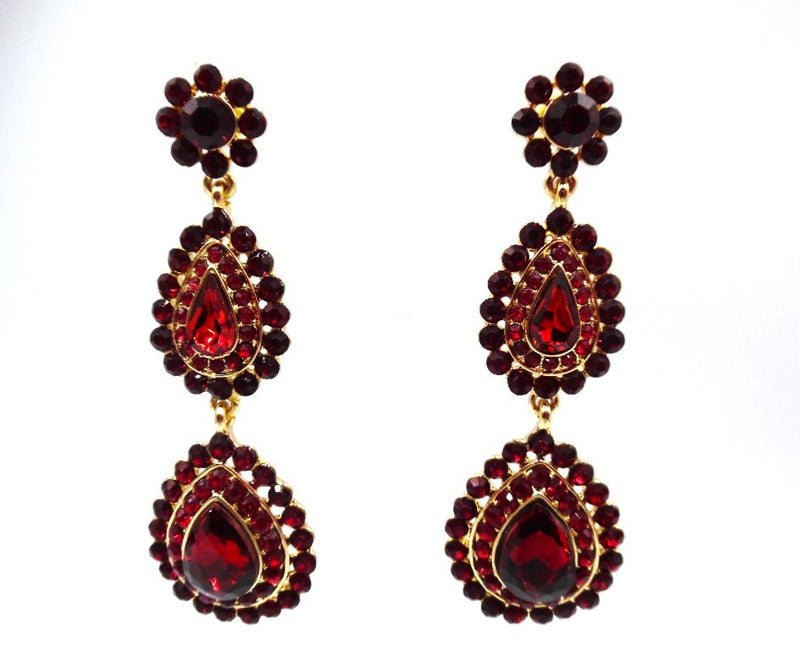 Pierced 3 1/4" gold and red stone triple teardrop dangle earrings