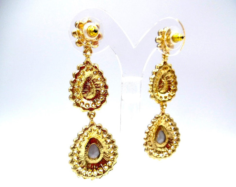 Pierced 3 1/4" gold and red stone triple teardrop dangle earrings