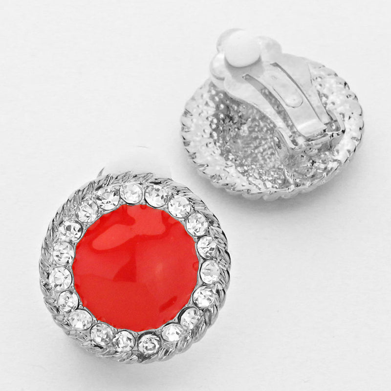 Clip on 1" silver red & clear stone round button style earrings