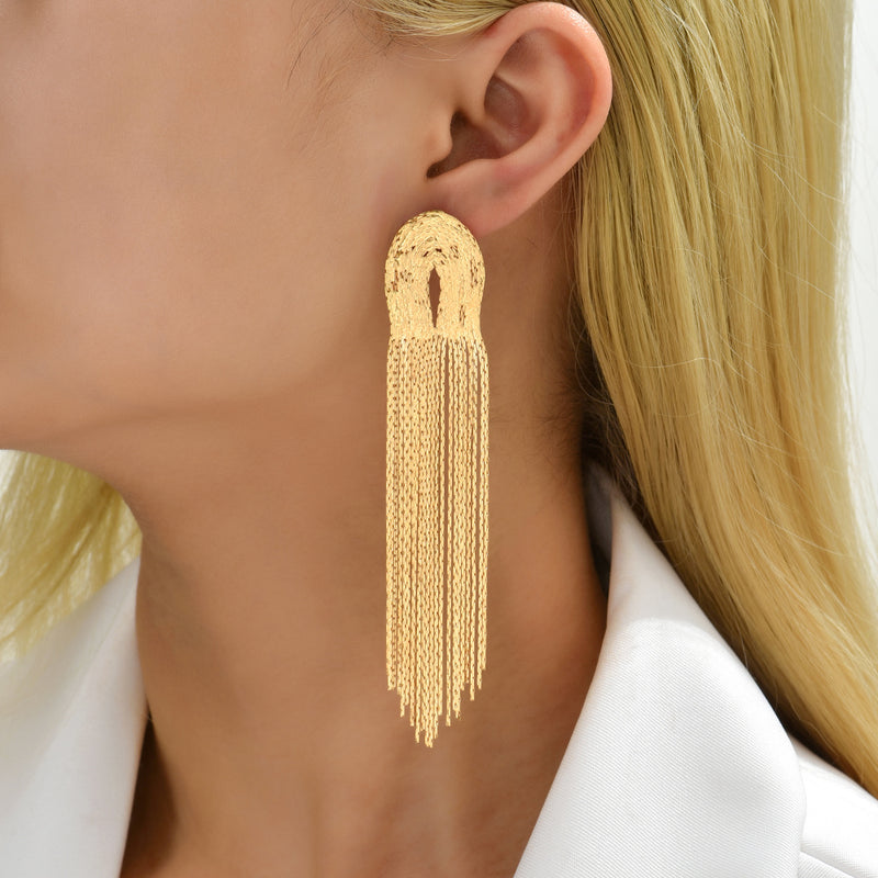 DSN Pierced 4.25" long gold chain round top alloy tassel women's earrings