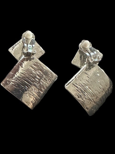 Trendy 2" clip on matte silver double square bent dangle earrings