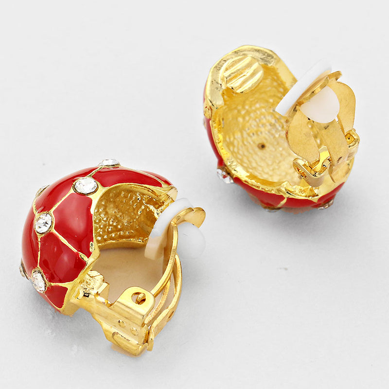 Clip on 1" gold & red scoop style earrings w/clear stones