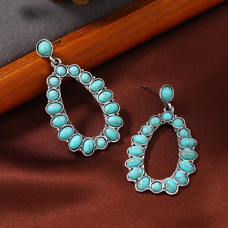 DSN Pierced 2" silver and turquoise stone dangle teardrop earrings