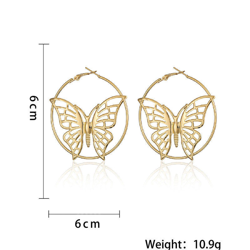 DSN Pierced 2.36" gold or silver exaggerated butterfly cutout metal hoop earrings