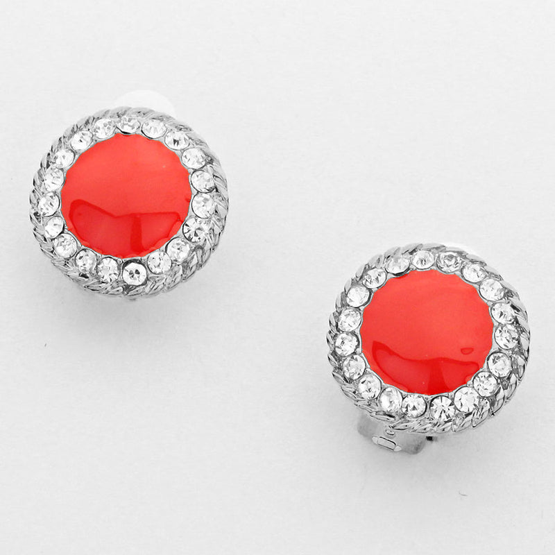 Clip on 1" silver red & clear stone round button style earrings