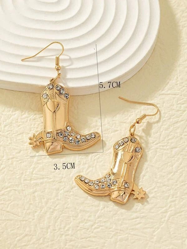 DSN Pierced gold western boot dangle earrings with clear stones