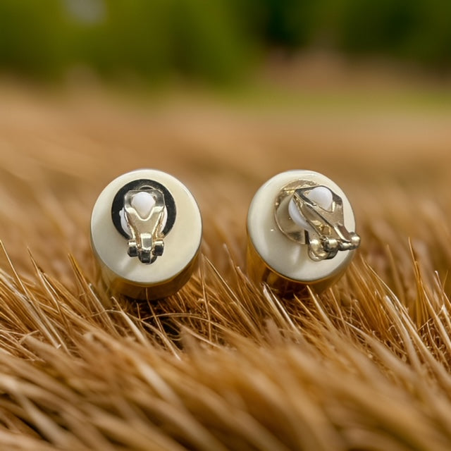 Clip on 3/4" gold and cream round button style earrings