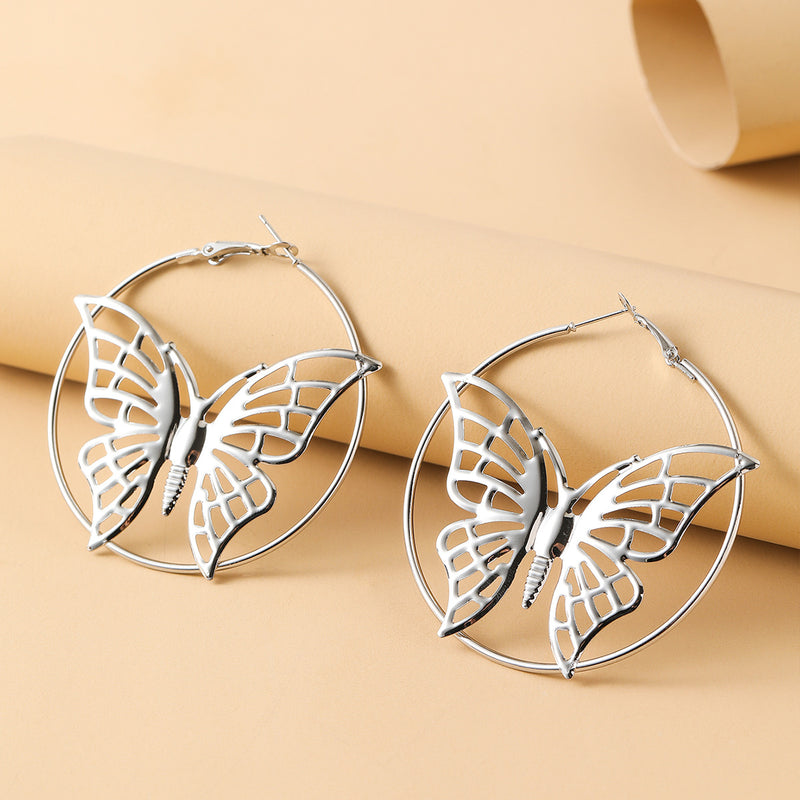 DSN Pierced 2.36" gold or silver exaggerated butterfly cutout metal hoop earrings