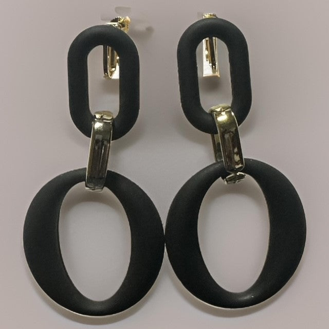 Clip on 2 1/3" vintage gold and black acrylic dangle oval hoop earrings