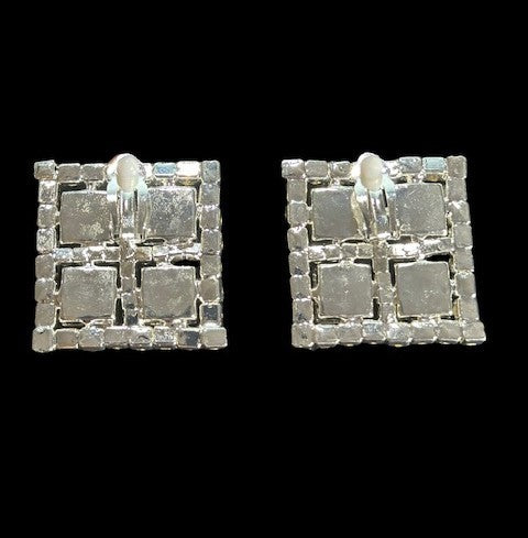 Clip on 1 1/2" large silver and clear stone square cut earrings