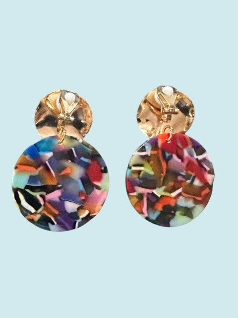 Clip on 1 3/4" gold, red multi colored plastic circle earrings