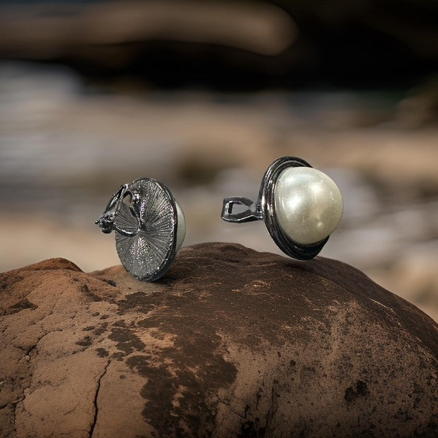 Clip on 1" gunmetal and white pearl round button style earrings