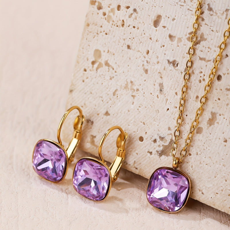 DSN Pierced Stainless Steel gold, purple or pink square stone necklace set