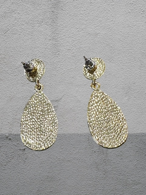 Pierced 1 3/4" gold earrings w/purple, clear teardrop stones & pearl