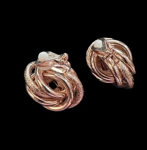 Clip on 1" shiny and textured rose three row knot earrings