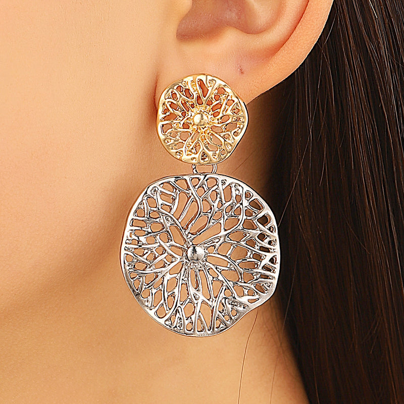 DSN Pierced 2.20" gold and silver cutout exaggerated flower earrings