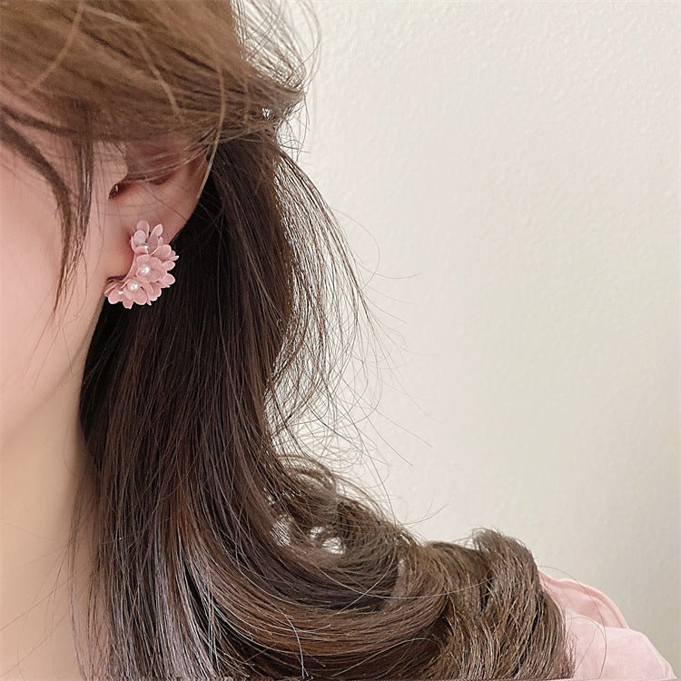 DSN Pierced silver pink or yellow C shaped half hoop flower earrings