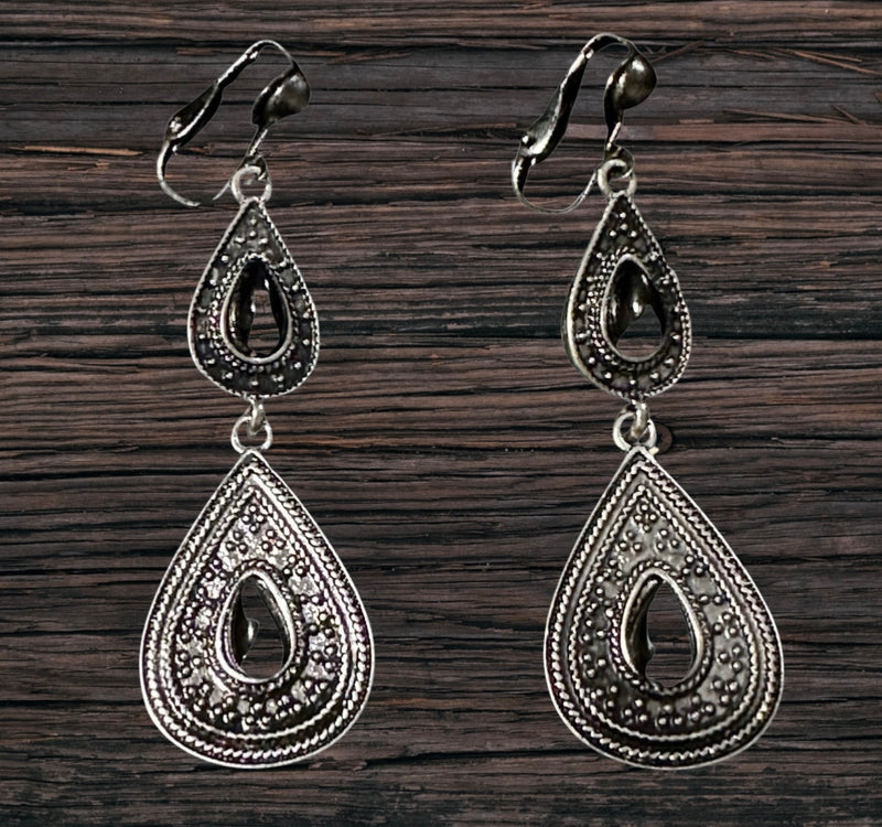 Clip on 1 3/4" silver layered teardrop earrings with black stones