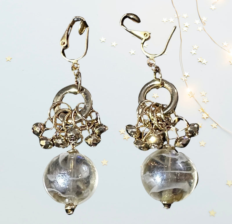 Clip on 2 3/4" gold and white clear bead dangle earrings