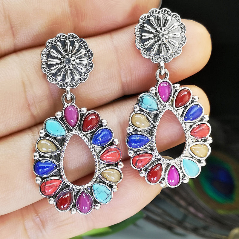 DSN Pierced silver and turquoise mixed colored gemstone teardrop earrings