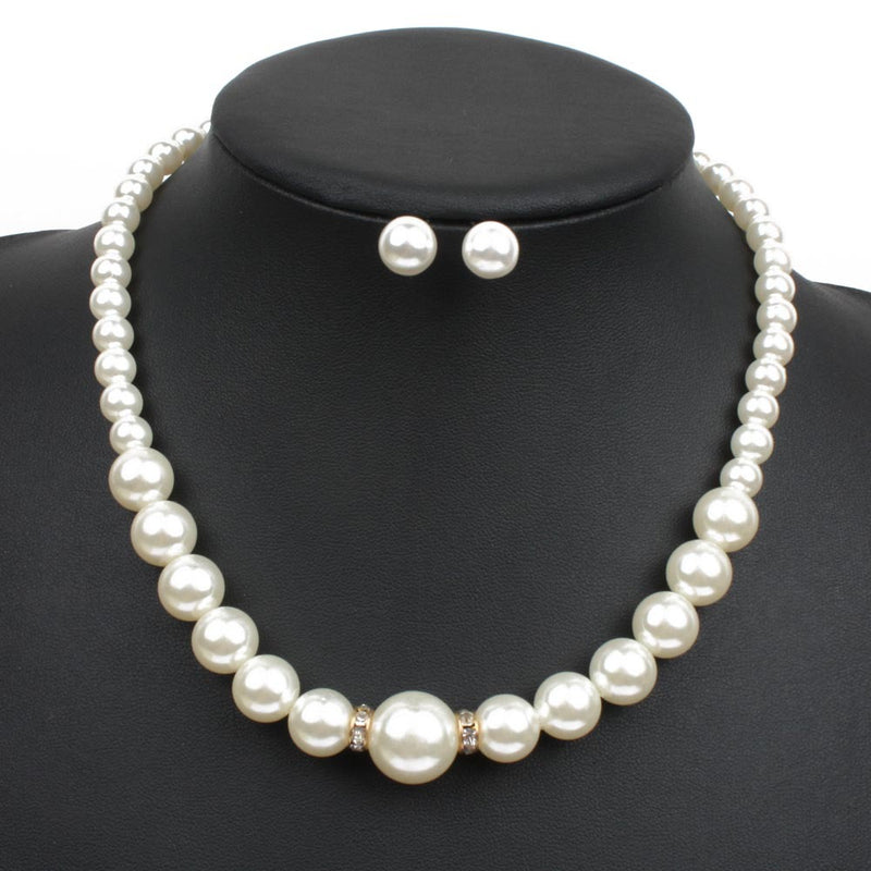 DSN Pierced gold chain front pearl necklace and earring set