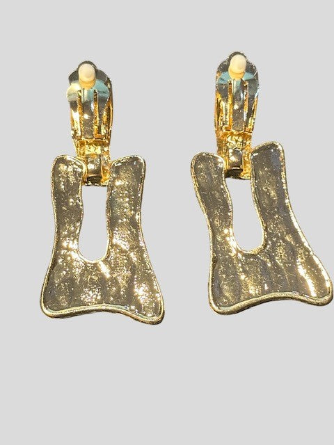 Clip on 2 1/4" gold woven dangle square print earrings