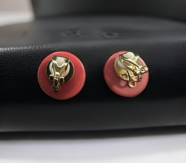 Clip on 3/4" gold and red round button style earrings