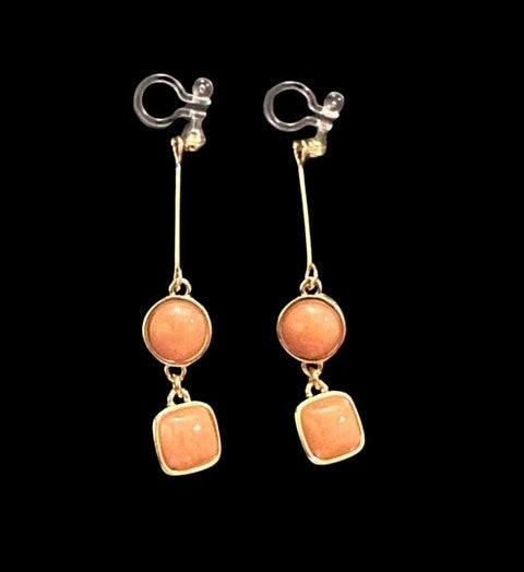 Clip on 2 1/4" comfort fit clasp gold wire and orange bead dangle earrings