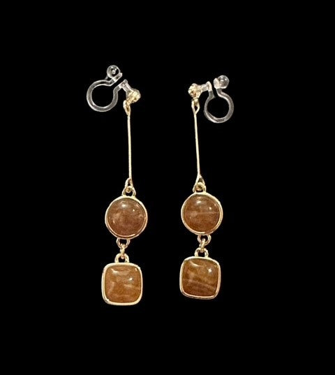 Clip on 2 1/4" comfort fit clasp gold wire and brown bead dangle earrings