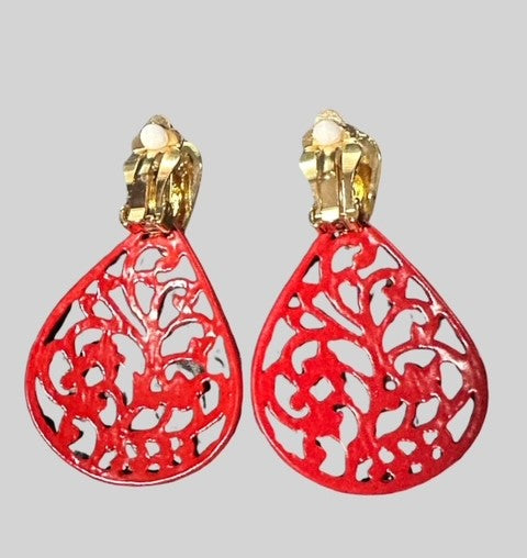 Clip on 2 1/4" shiny gold and red painted cutout flower teardrop earrings