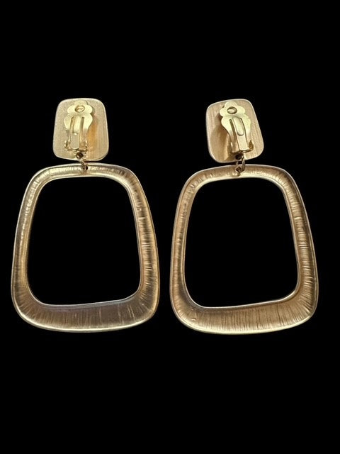 Clip on 3 1/4" XL matte gold dangle square hoop earrings