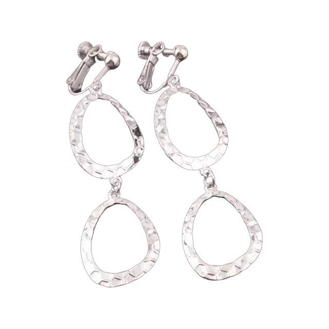 Clip on 2 3/4" silver hammered odd shaped dangle hoops