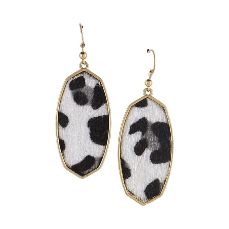 Pierced 2 1/2 gold, white, black and gray hairy animal print dangle earrings