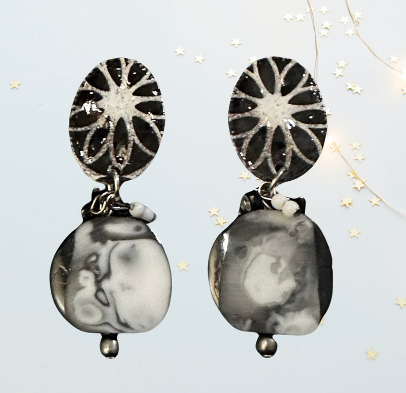 Clip on 2 1/4" silver, black and white marble colored stone dangle earrings