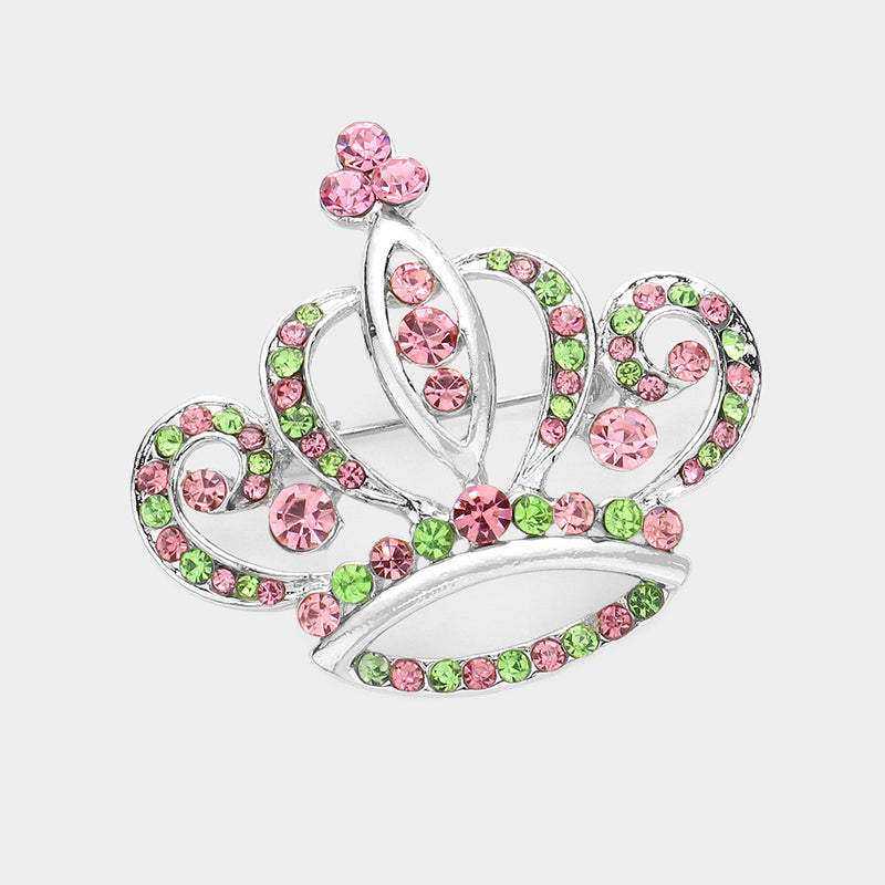 Trendy silver, pink and green stone cutout crown pin-broach