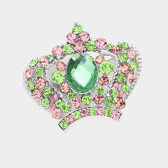 Trendy silver, pink and green stone crown pin-broach