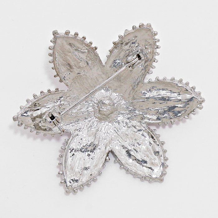 Silver and red fluorescent stone flower broach-pin