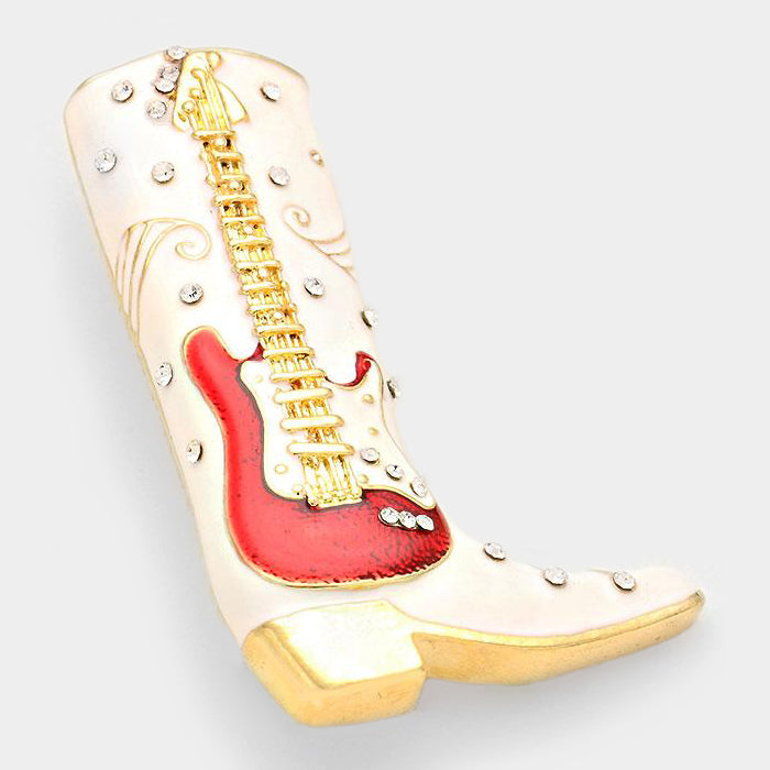 Western 2 1/2" gold, white boot w/red guitar pin-broach and clear stones