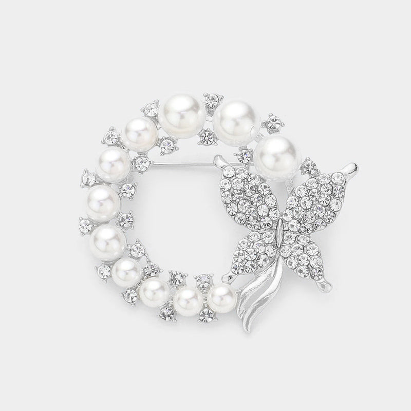 Trendy silver, white pearl and clear stone butterfly pin-broach