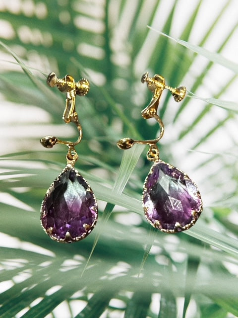 Clip on 1 1/2" gold and purple teardrop stone dangle earrings