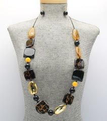 Pierced adjustable gold, Xlarge black & brown bead long necklace and earring set